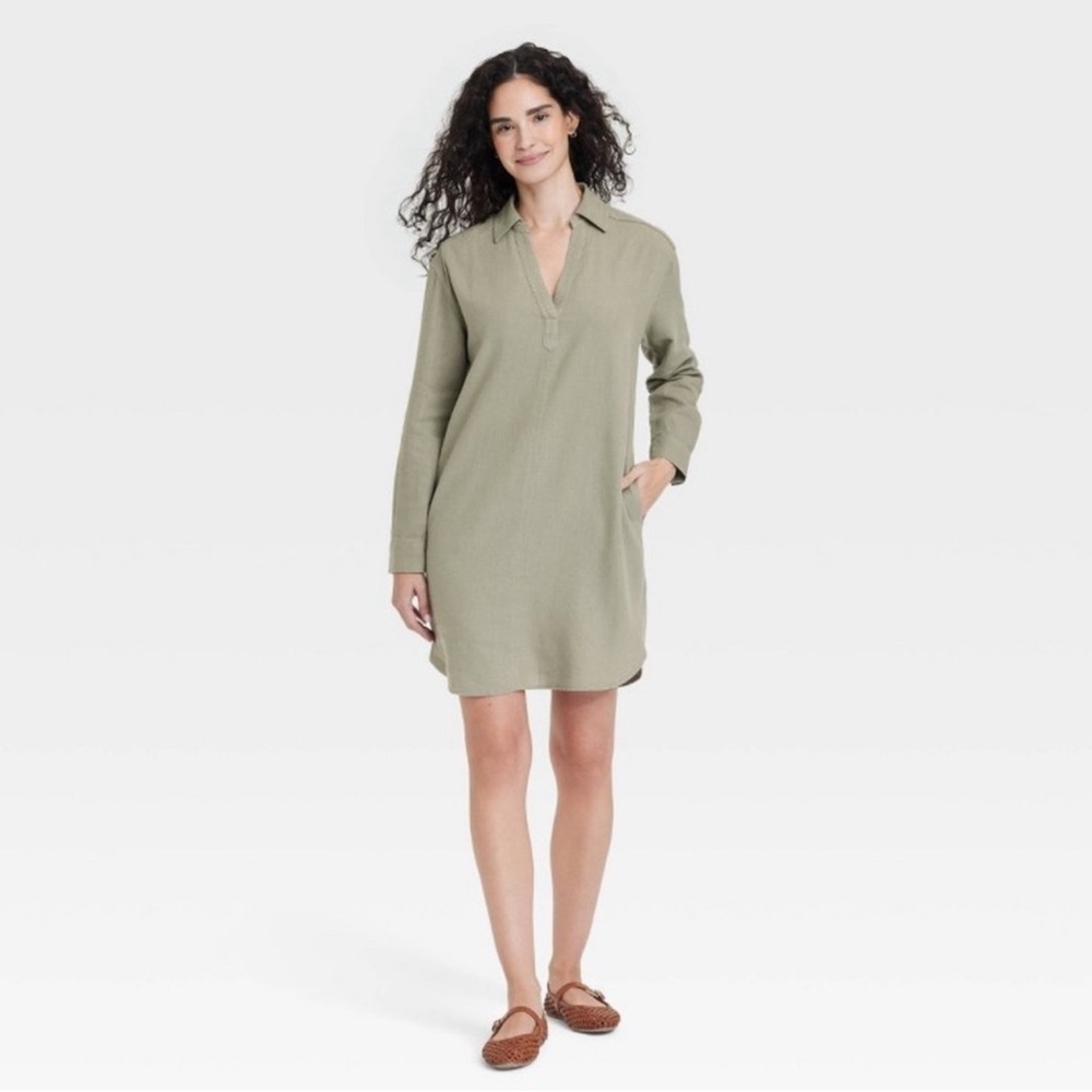Universal Thread Women's Olive Green Long Sleeve Popover Mini Shirtdress 3X